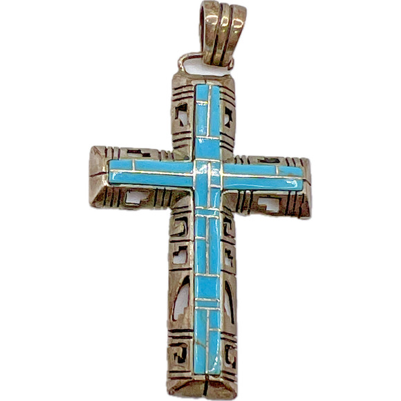Sterling Silver Turquoise Cross Pendant Beautiful Work 11.56 Grams - Picture 1 of 11
